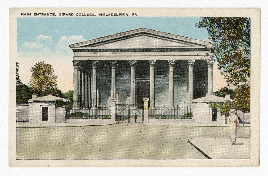 Old color postcard showing a large white building with tall columns and triangle roof along a street.