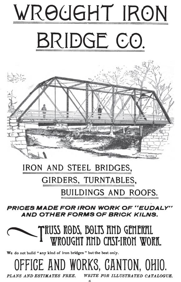 Black and white advertisement with sketch of metal truss bridge