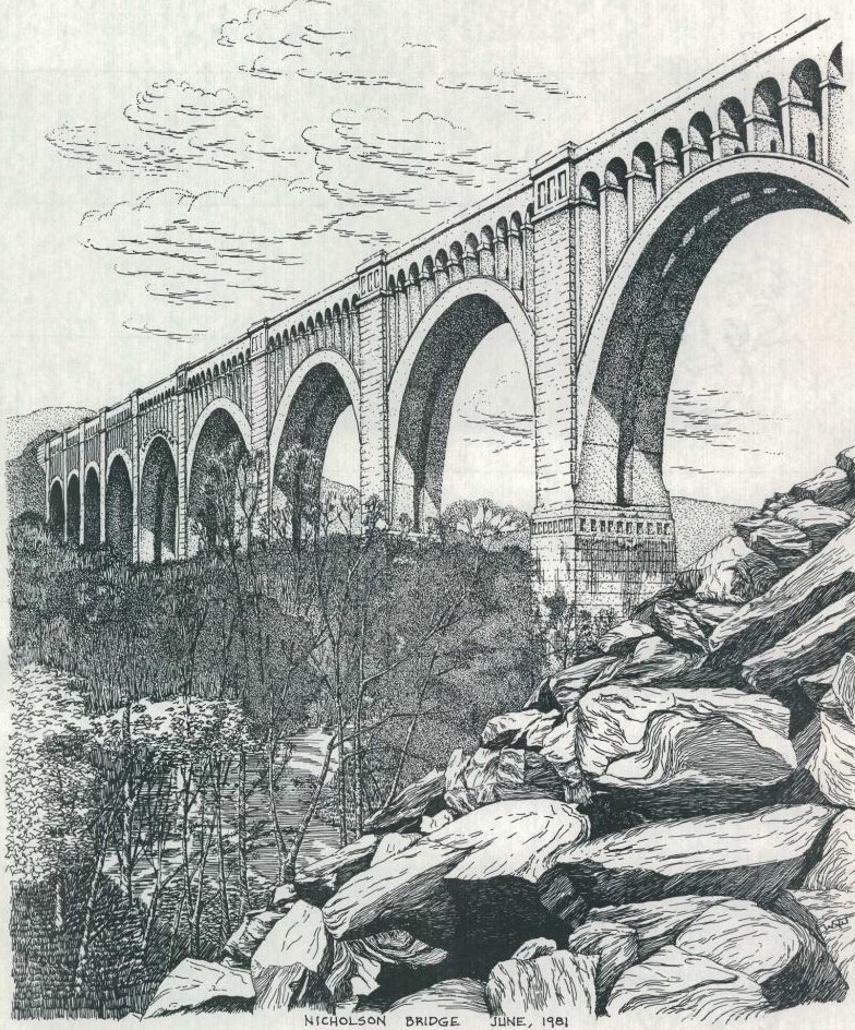 Black and white line drawing of large bridge with a series of arches over rocks and water.