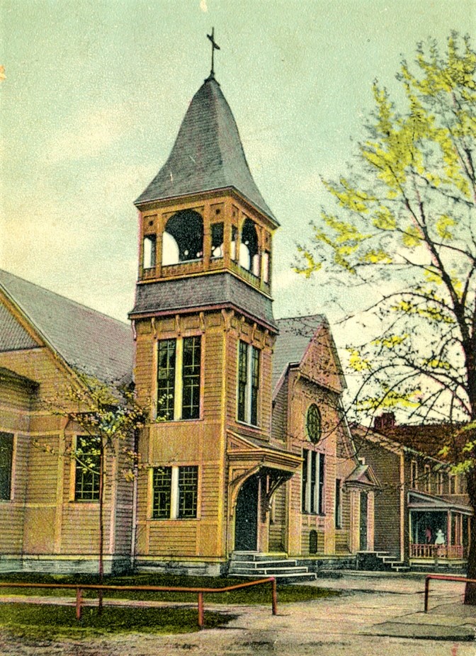 Colorized historic postcard showing wood church building.