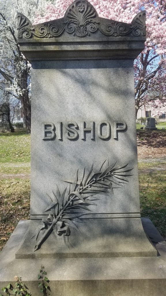 Carved stone cemetery marker with the name Bishop carved in center.