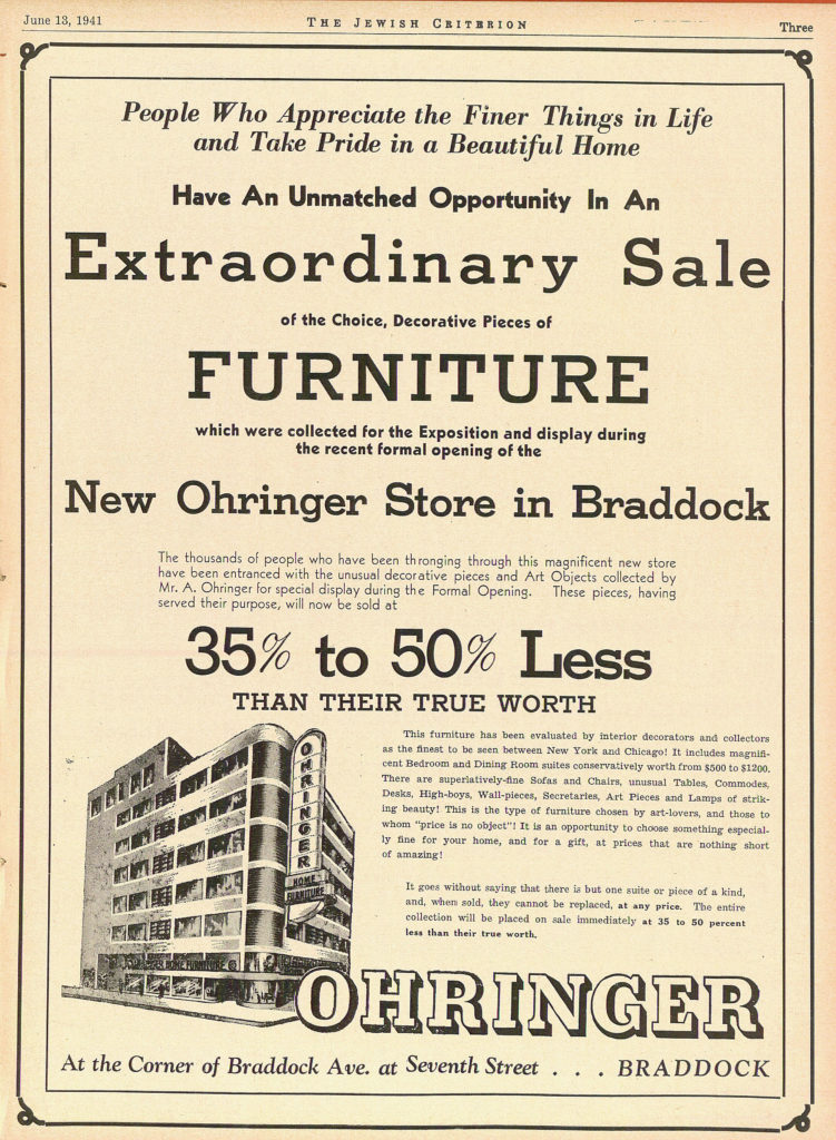 Printed advertisement "Have an Unmatched Opportunity in an Extraordinary Sale" for Ohringer Store in Braddock.
