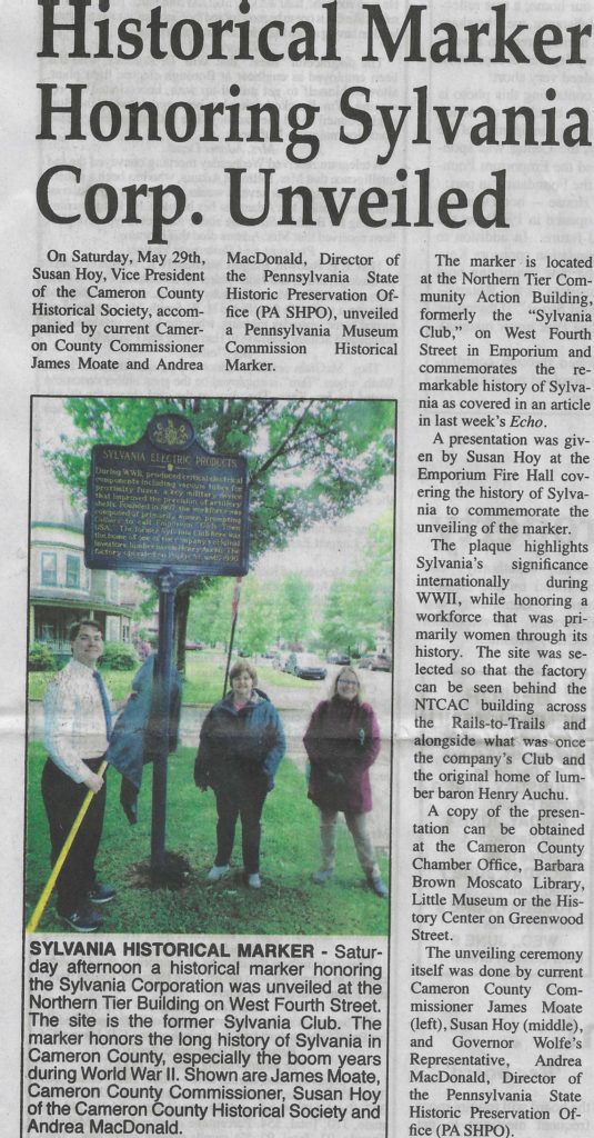 Newspaper article "Historical Marker Honoring Sylvania Corp. Unveiled" with photo and text.