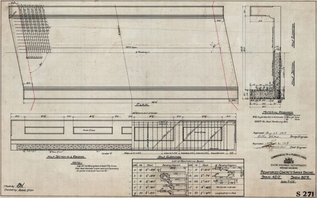 line drawings of a bridge in plan and section.