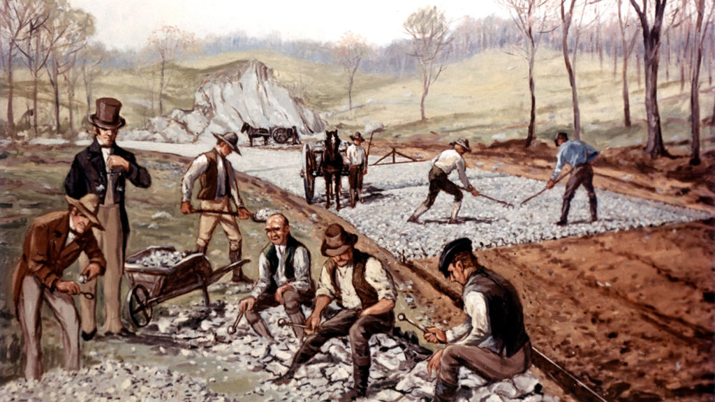 Painting of men building road.