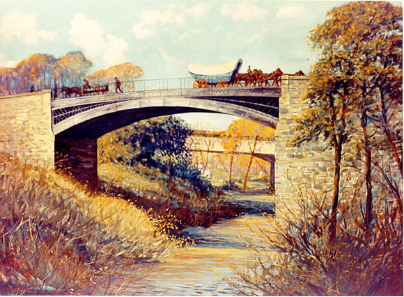 Painting of metal arch bridge between two stone abutments with creek below.