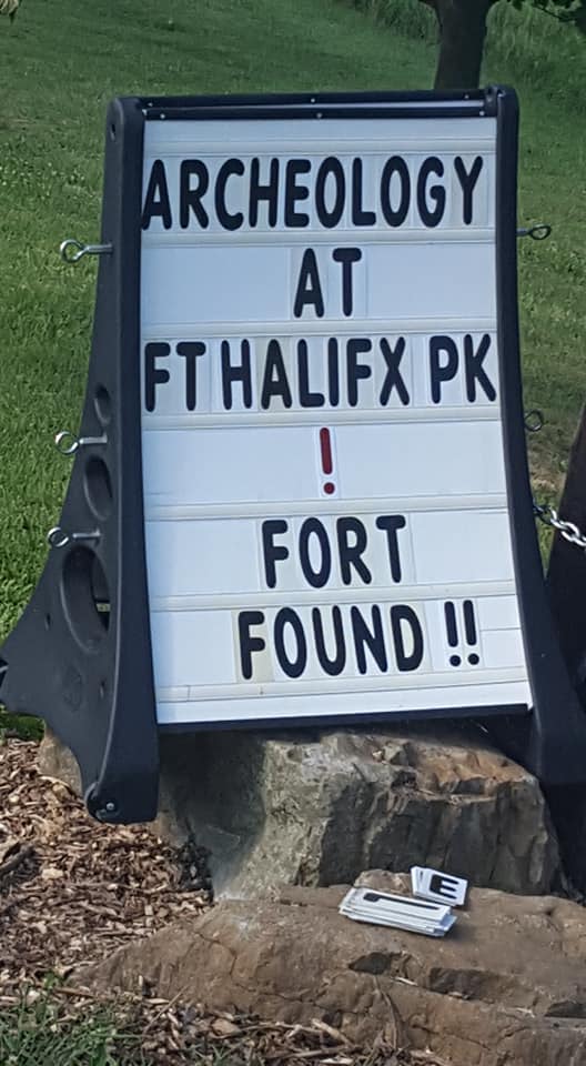 Small sign with the words, Archaeology at Ft Halifax Park! Fort Found!!