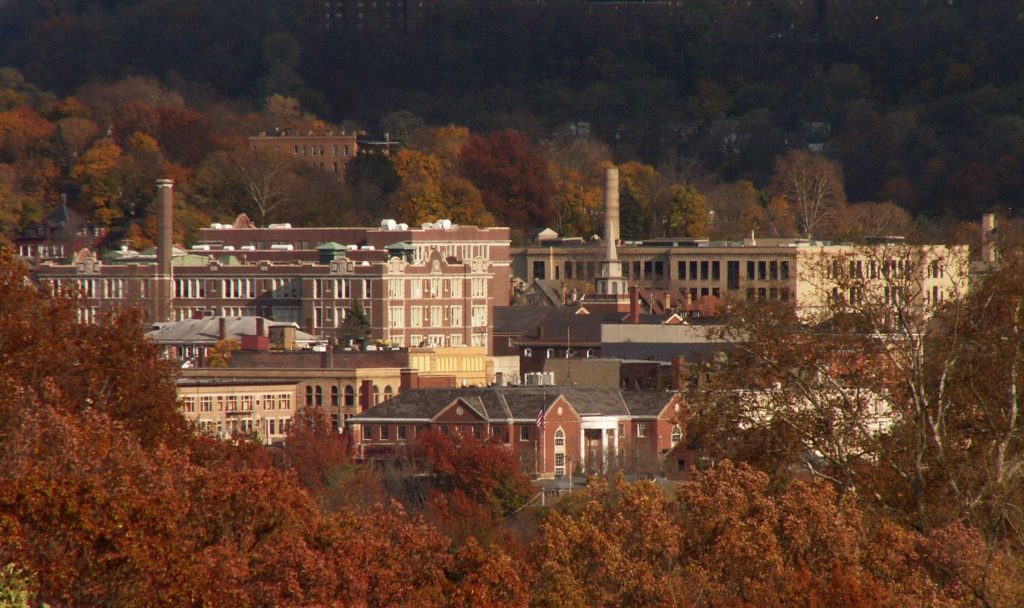 View of brick buildings surrounded by trees.