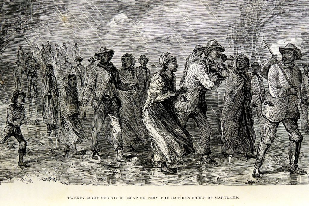 Pencil drawing of men, women, and children walking in rain.