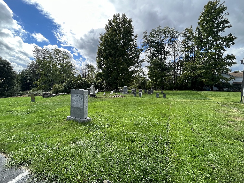 Green grass with stone headstones.