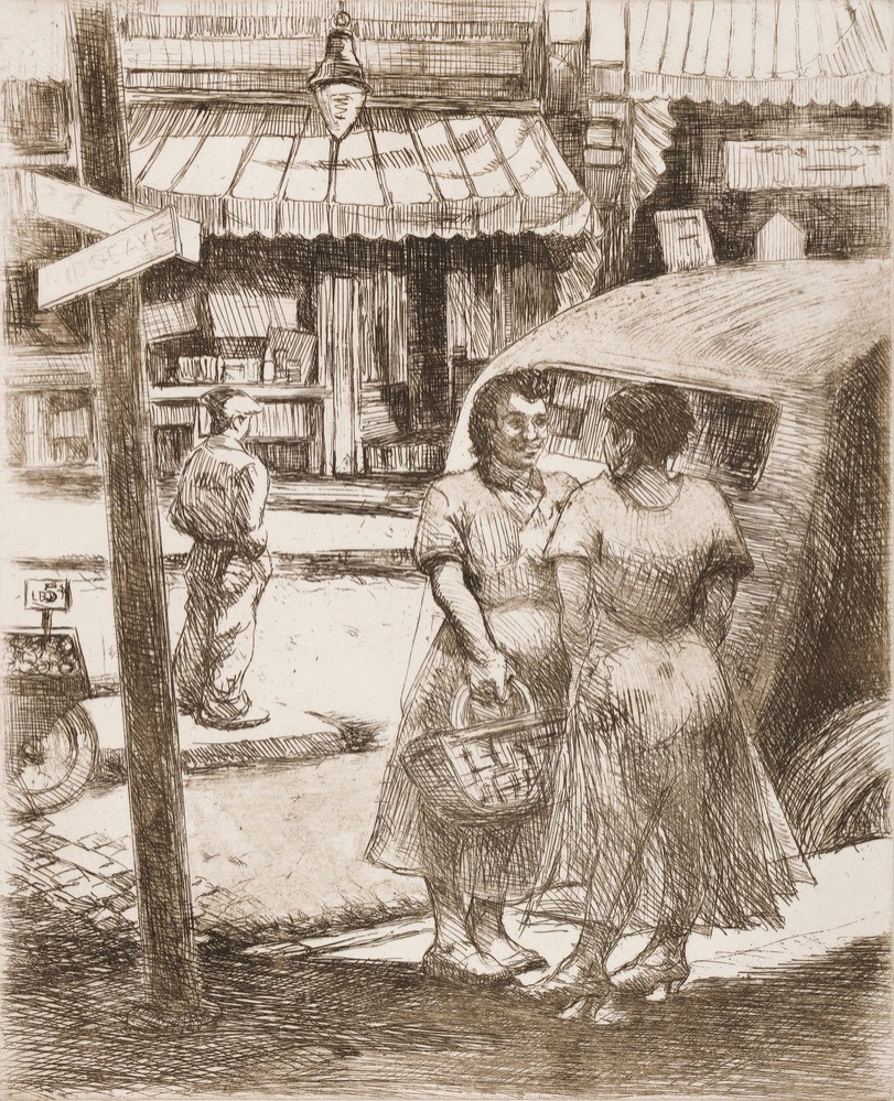 Etching of two women talking at intersection in busy city.