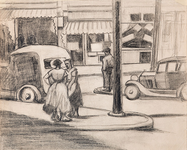Pencil on paper drawing of people talking on a city corner.