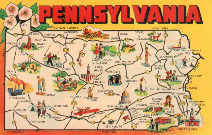 Vintage postcard map of Pennsylvania