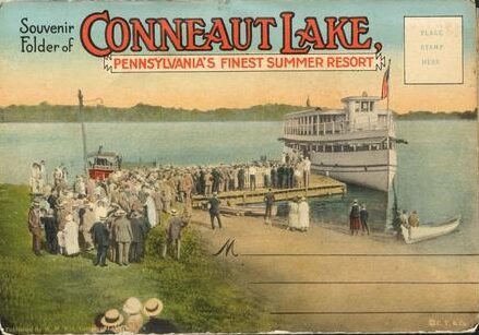 Historic color postcard showing line of people walking aboard a large boat in water.