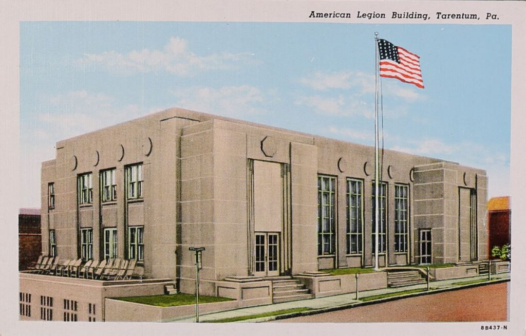 Color drawing of a large stone building with American flag.