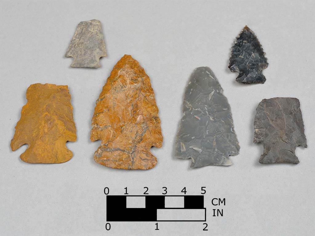 Collection of stone pieces shaped like arrow heads.