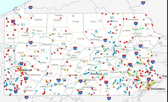 Map of Pennsylvania with many colored dots.
