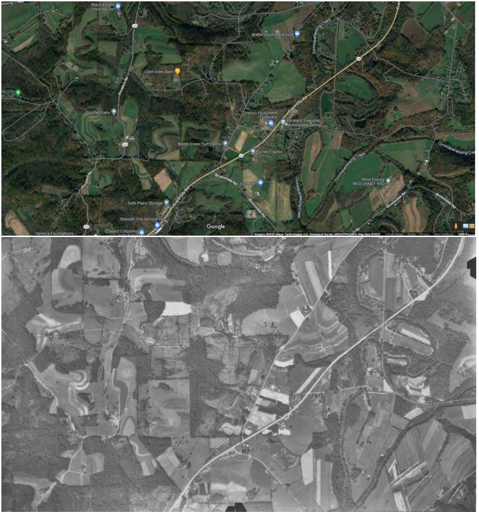 Color aerial photograph showing farm parcels and patterns above a black and white photograph of farm parcels in the same area.