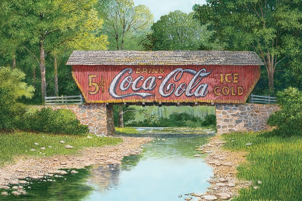 Drawing of a covered bridge over water with painted "Coca-Cola" sign.