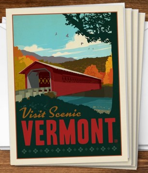 Greeting cards with a drawing of a colored bridge above the words "Visit Scenic Vermont."