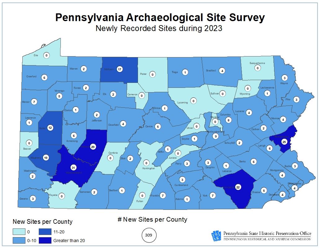 Map of Pennsylvania with its counties outlined in black. Four different shades of blue are used to communicate the number of sites recorded in each county. A number in a circle is the exact number of sites recorded.