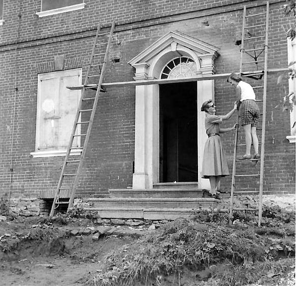 One woman stands on a ladder against a brick wall while another woman holds the ladder.