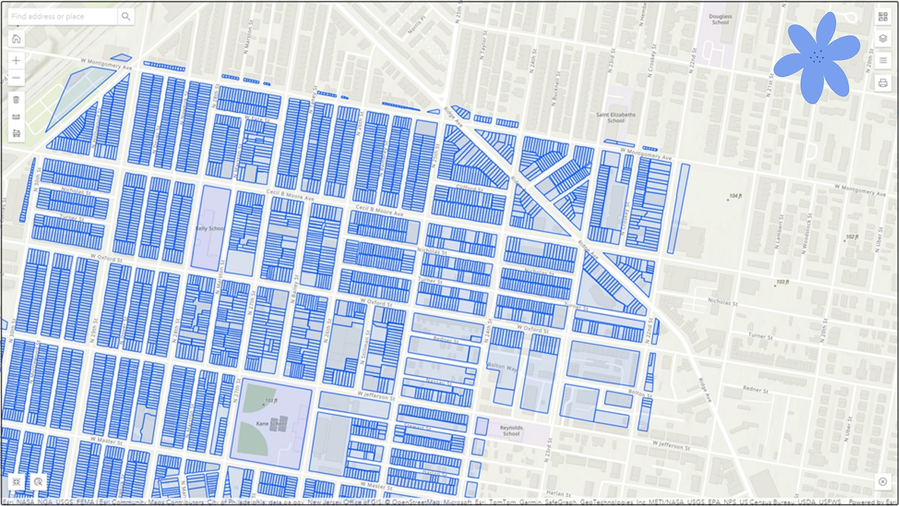 Colorful map covered with rectangles with blue lines.