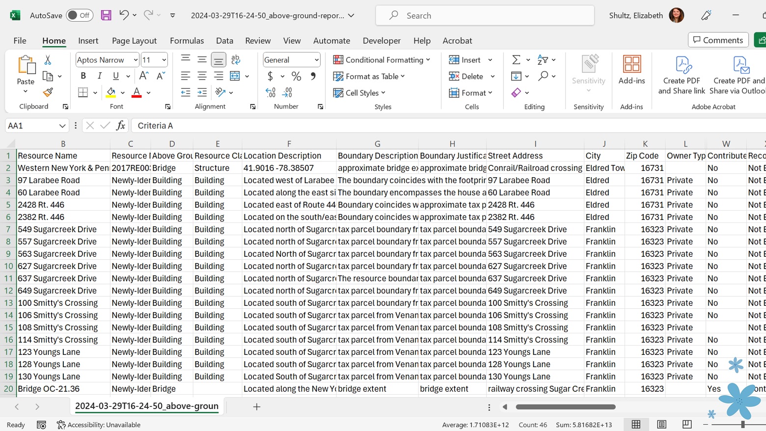 Screen capture of an excel spreadsheet.