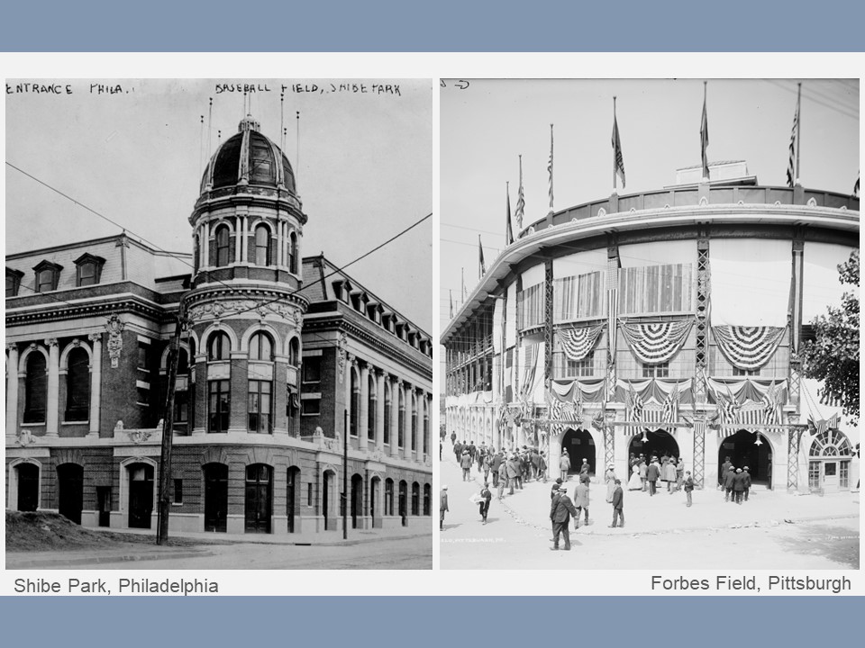 Side by side images of two large buildings.