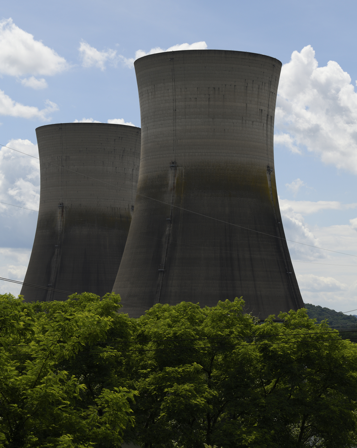 Two large concrete towers rise above a treeline.