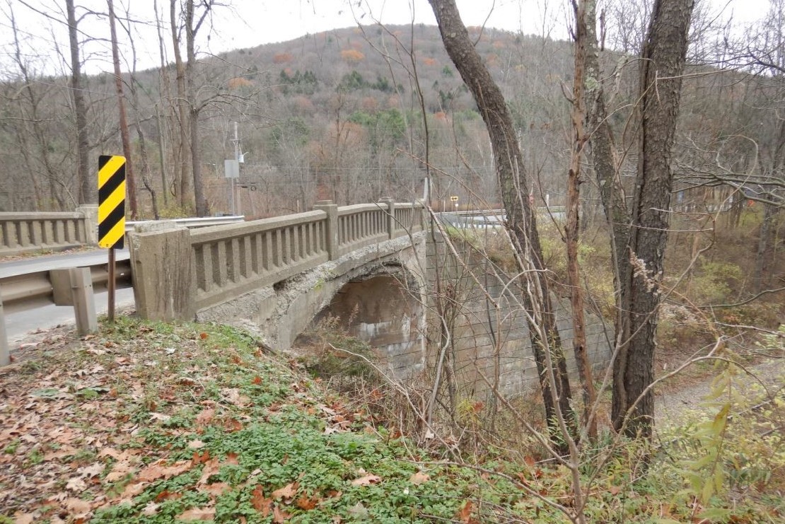 Concrete bridge over railroad track in wooded area.