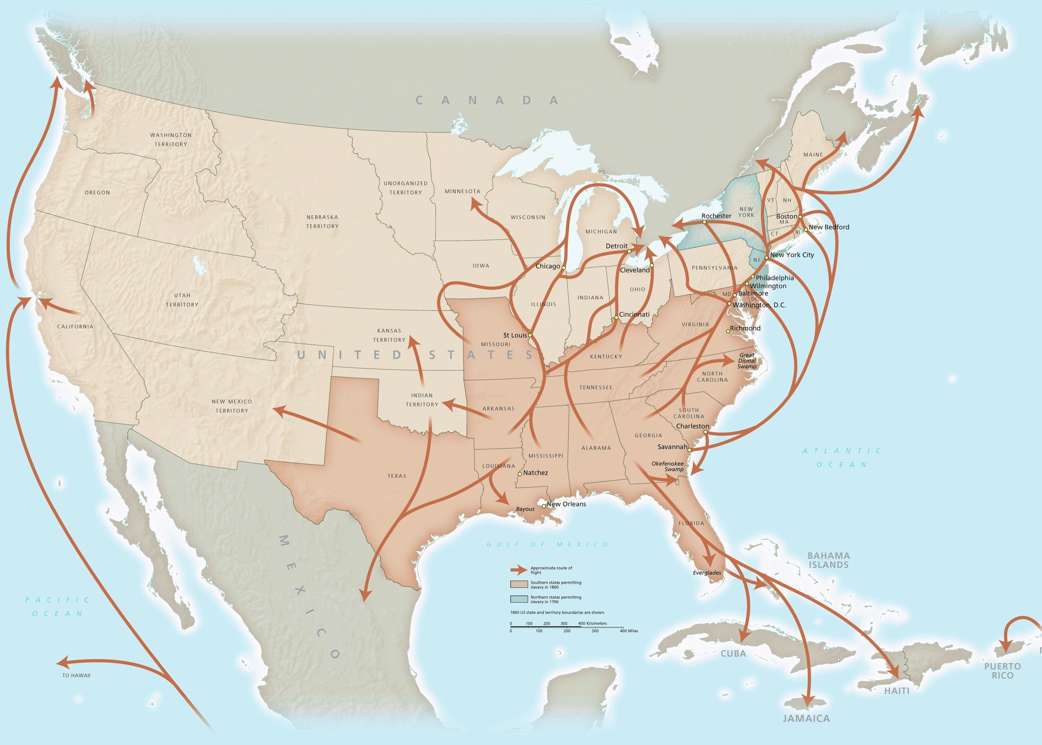 Map of United States with long lines and arrows pointing to various locations.