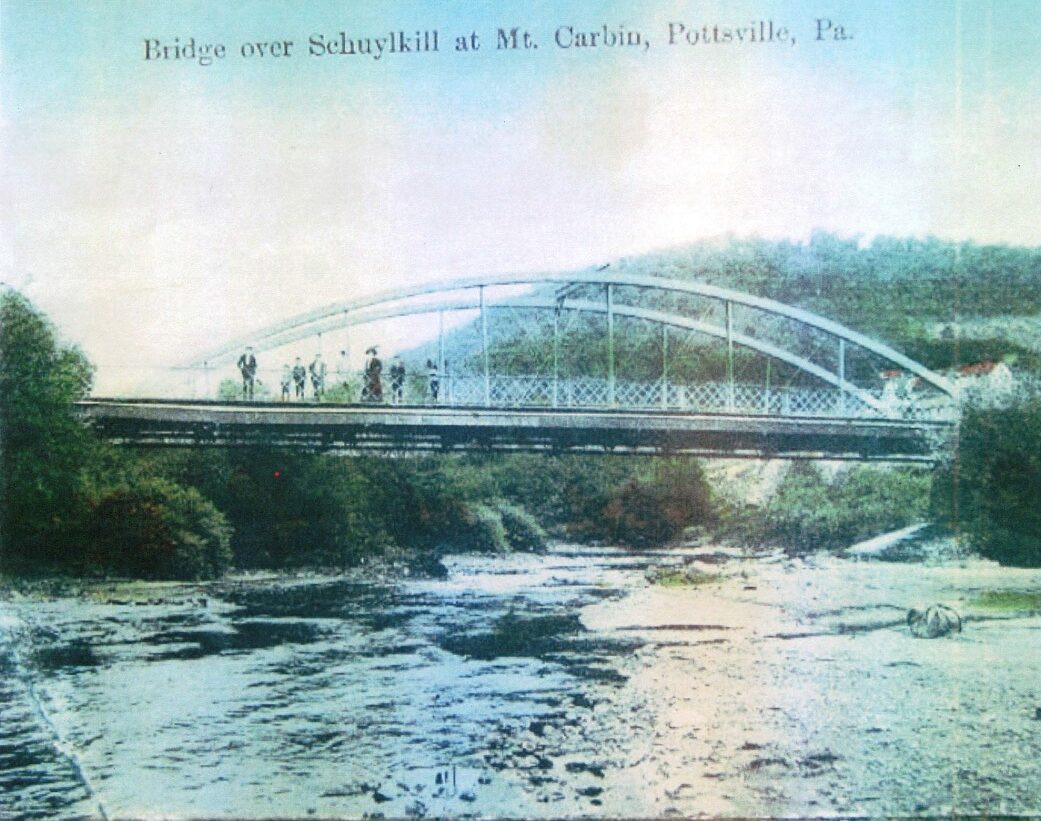 Historic color postcard showing people standing on a metal bridge over a wide rushing stream.