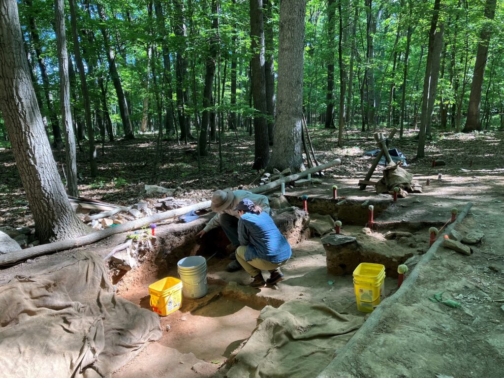 Two people kneeling in large square hole in a wooded area.