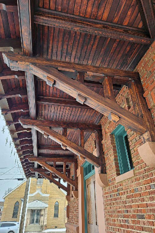 Wood bracket and ceiling.