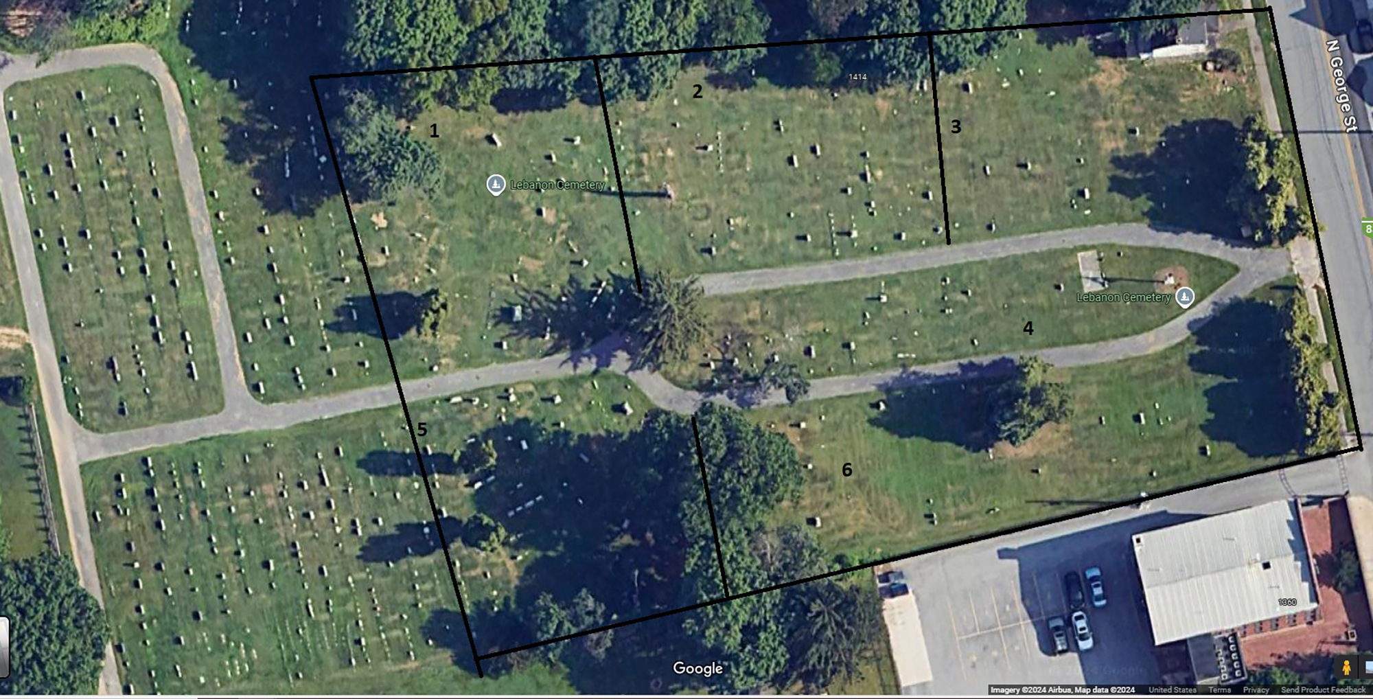 Black lines and numbers placed over photo of cemetery from the air.