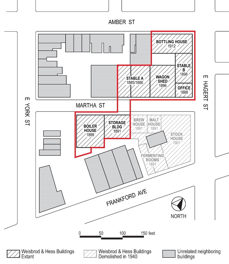 Computer-generated map of lines, squares and other shapes to show building outlines, with building names and dates in some squares.