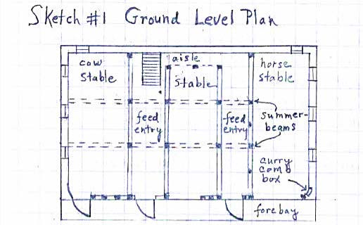 Hand drawn floor plan with dotted and solid lines and words for different spaces.