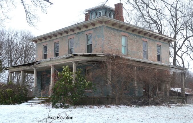 Two-story brick house with one-story open porch.