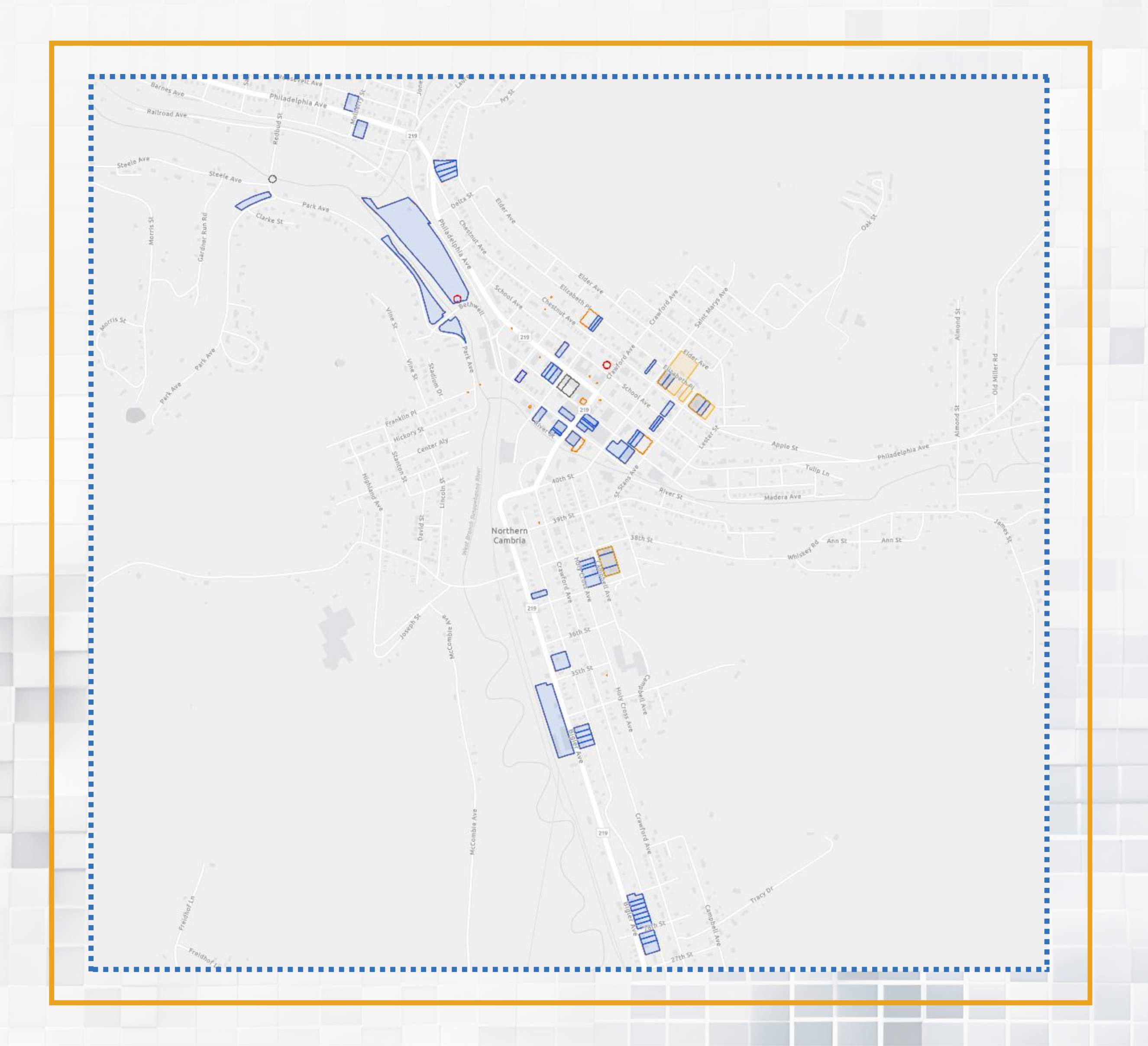 Map with boxes of colors in blue, yellow, and orange.