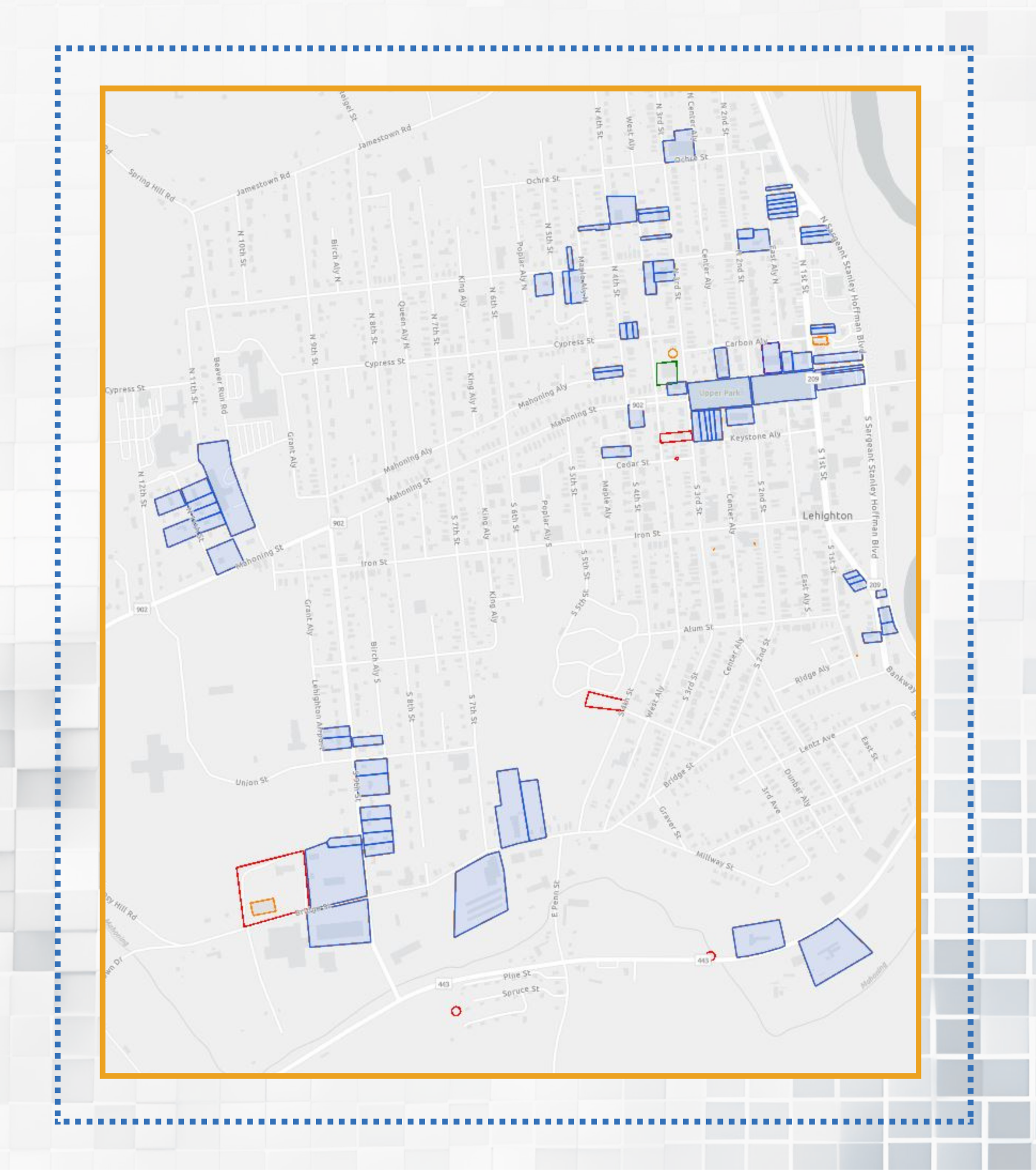 Map with boxes of colors in blue, yellow, and orange.