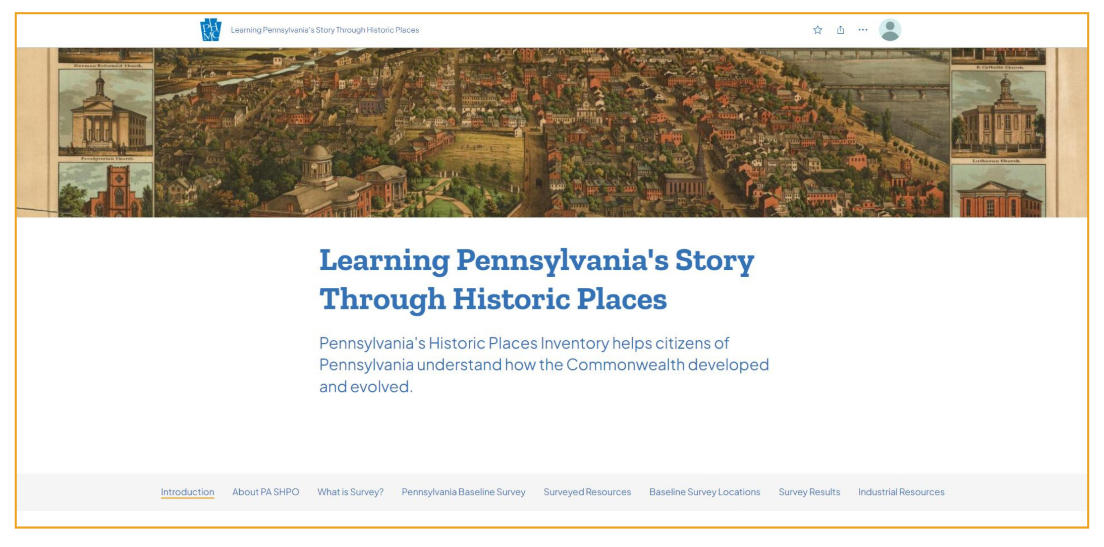 Colorful historic map above the text "Learning Pennsylvania's Story Through Historic Places".