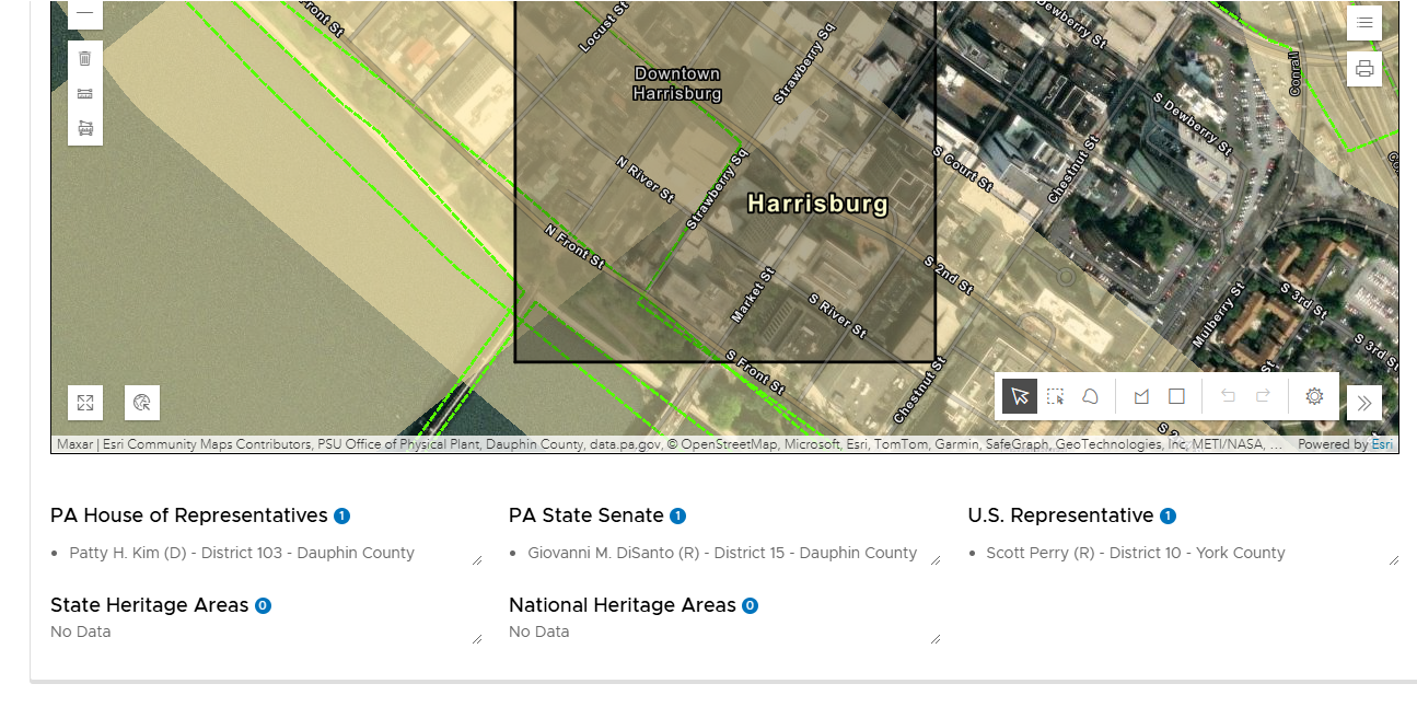 Screenshot from computer software showing various fields and an aerial map.