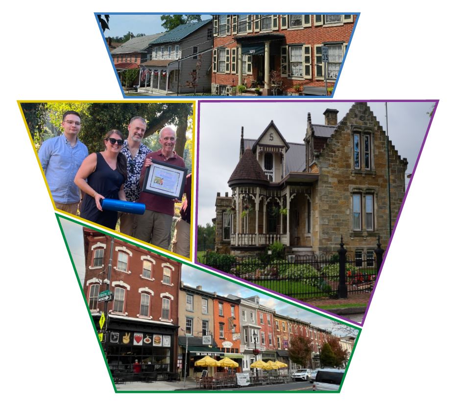 Keystone shape divided into five parts, each featuring a different photograph, including rows of brick buildings, a stone house, and a group of four people.
