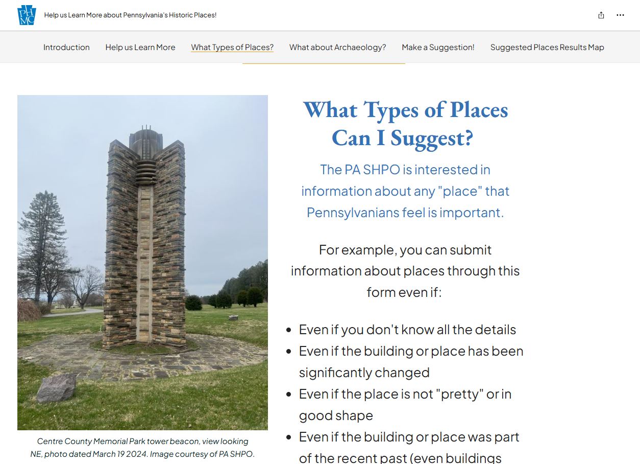 Computer screenshot of "What Types of Places Can I suggest" and a list.