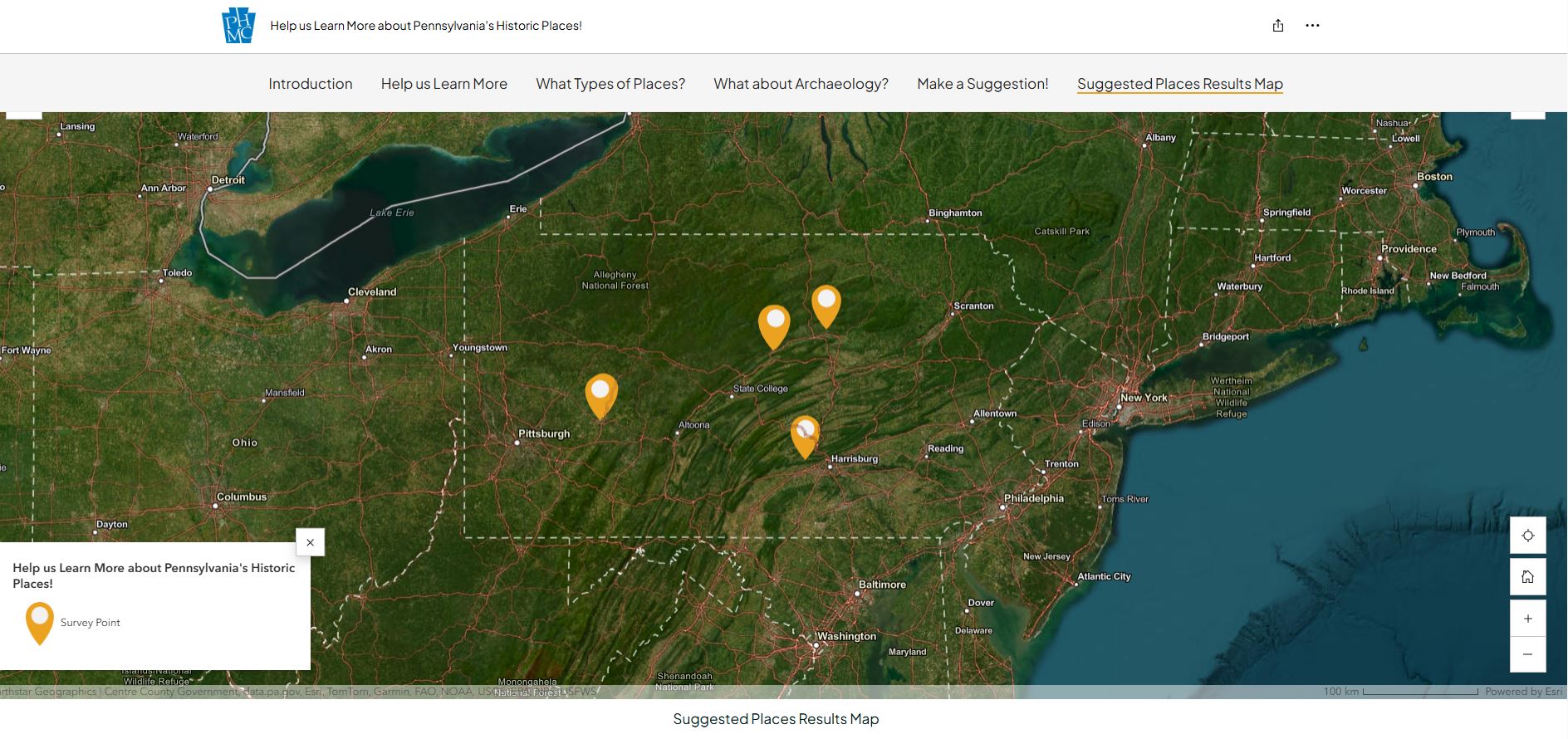Map of Pennsylvania with four yellow markers.