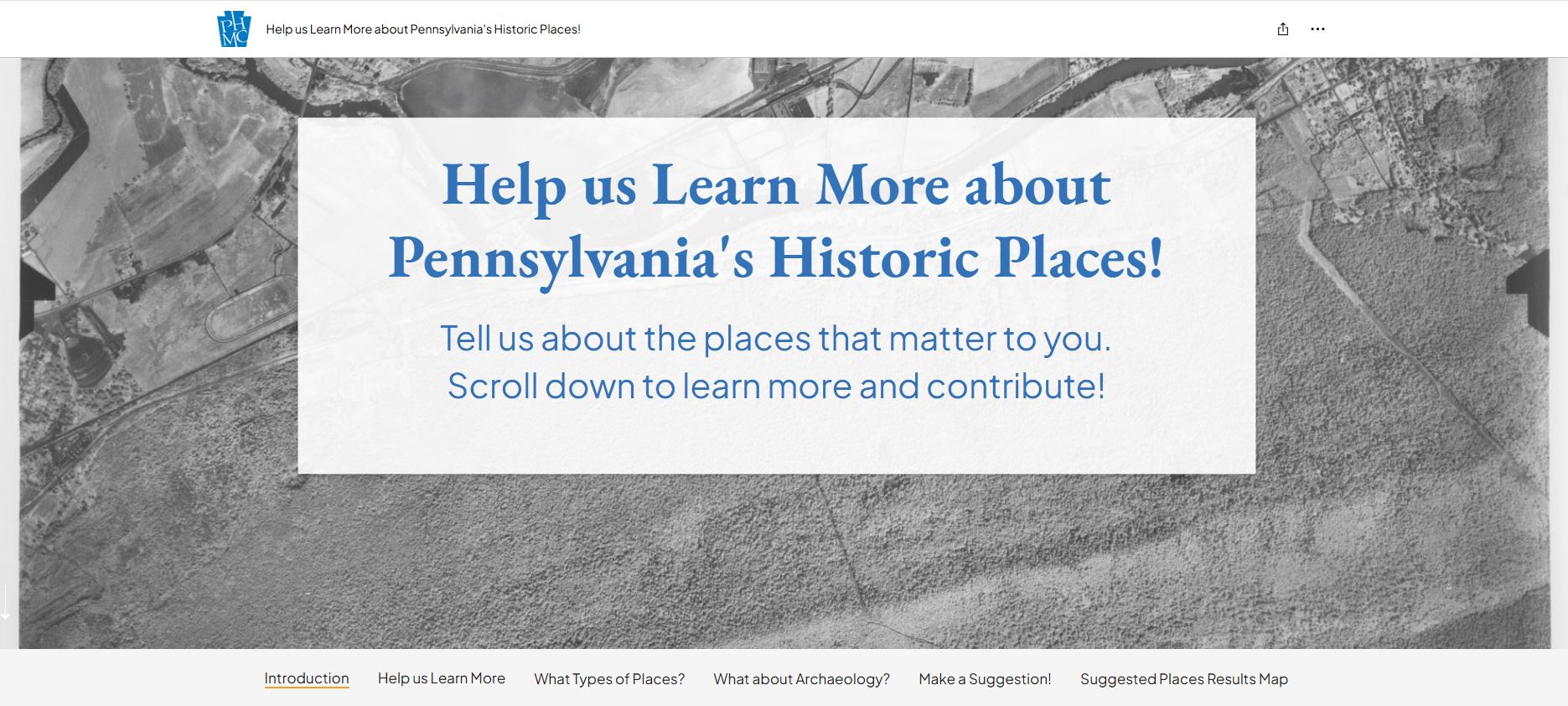Screenshot of a website titled "Help Us Learn More About Pennsylvania's Historic Places"