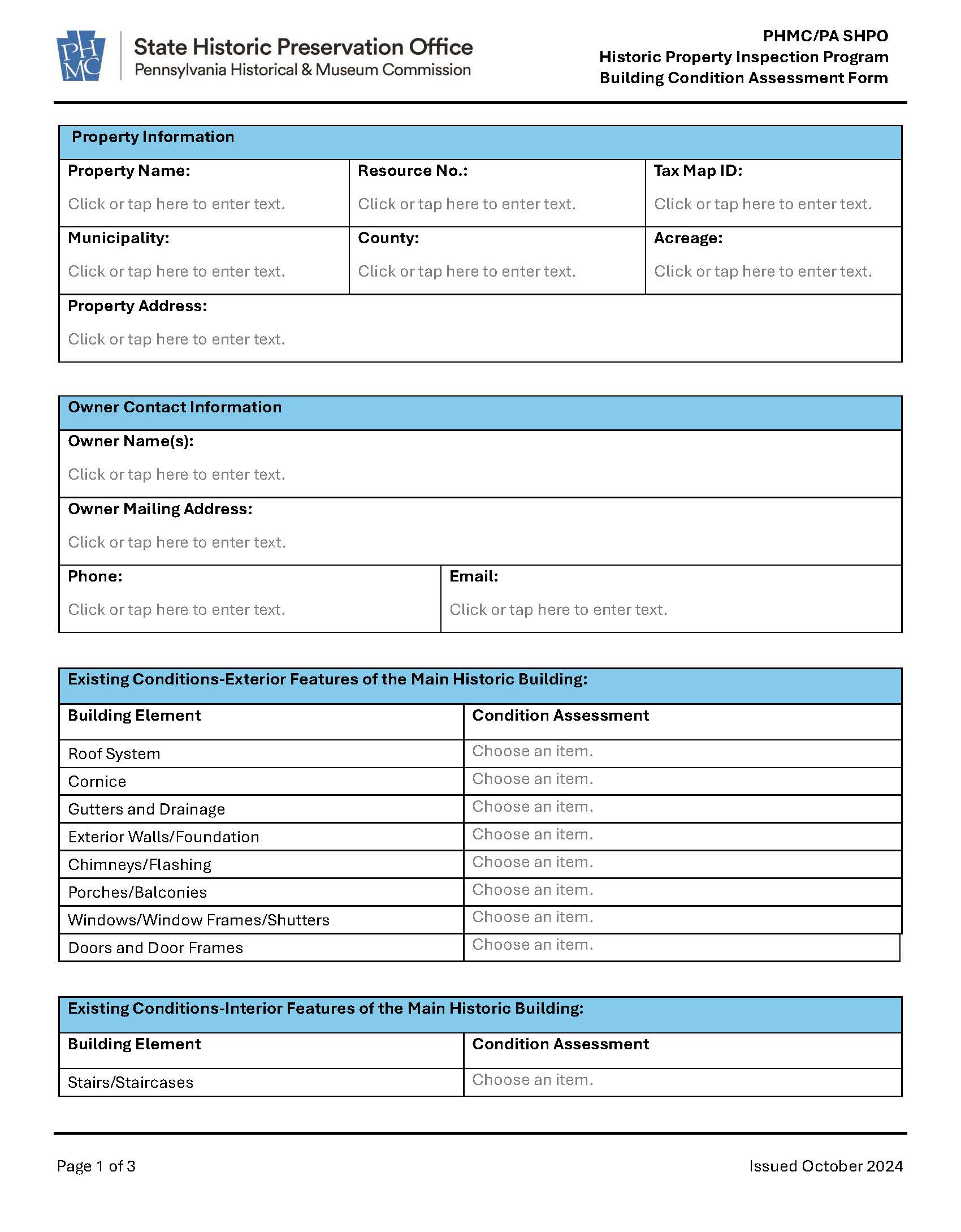 Form with many categories and fields for data entry.