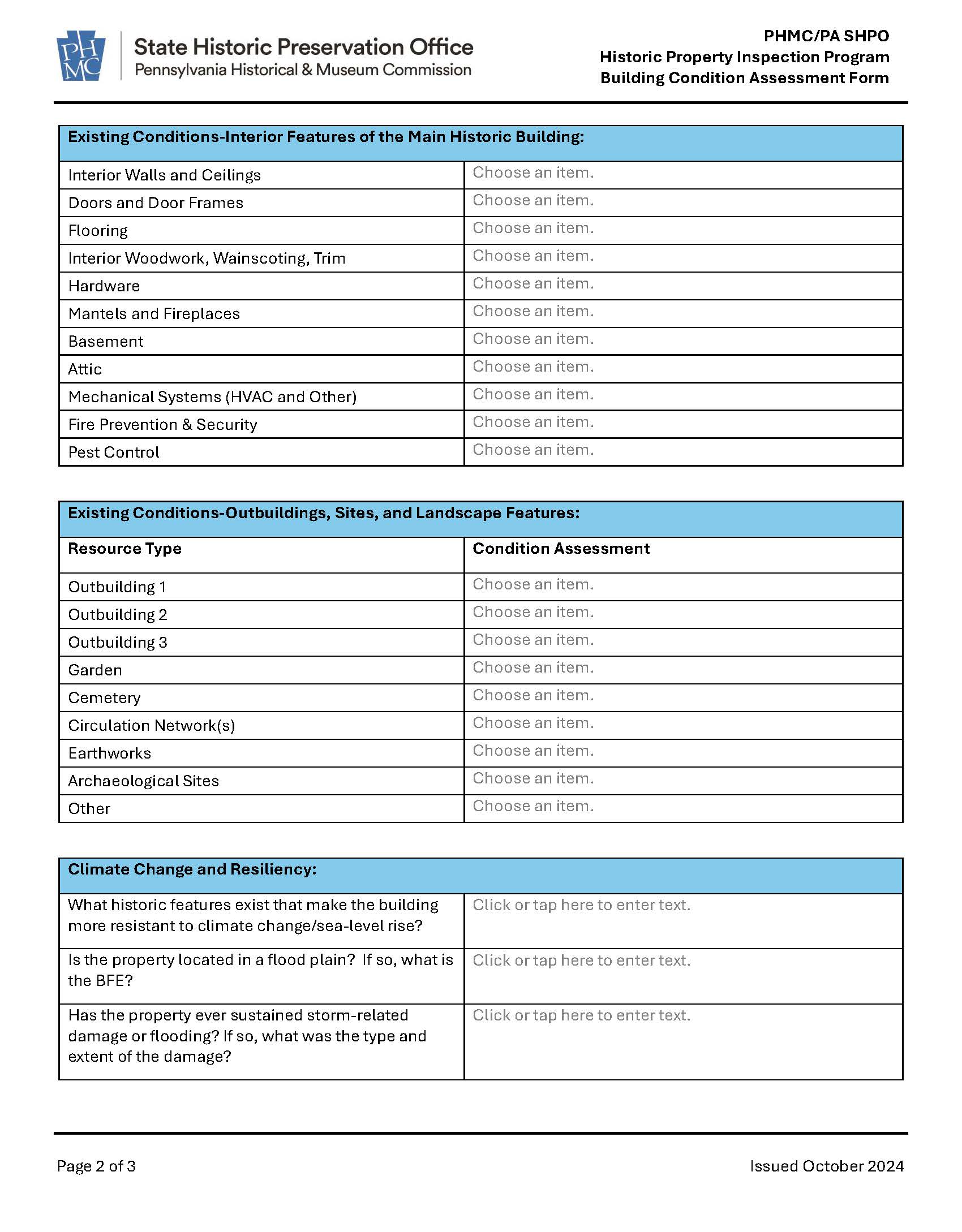 Form with many categories and fields for data entry.