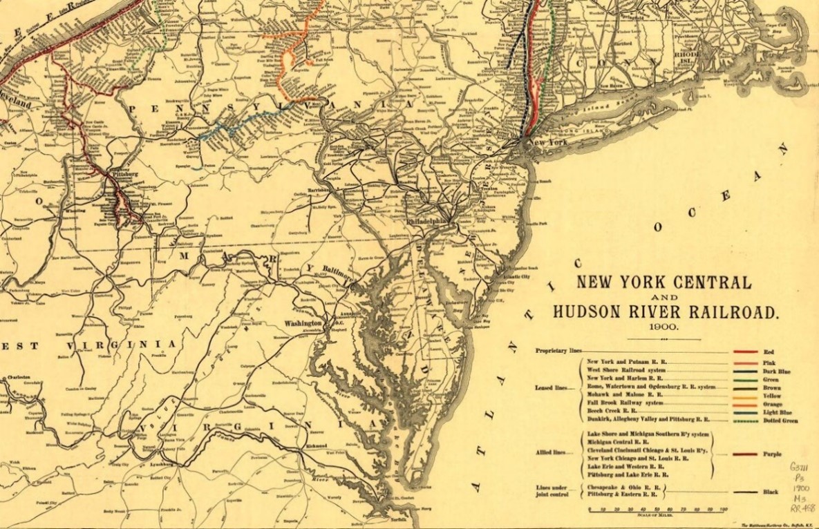 Map with thick and thin lines in black, red, blue and green.
